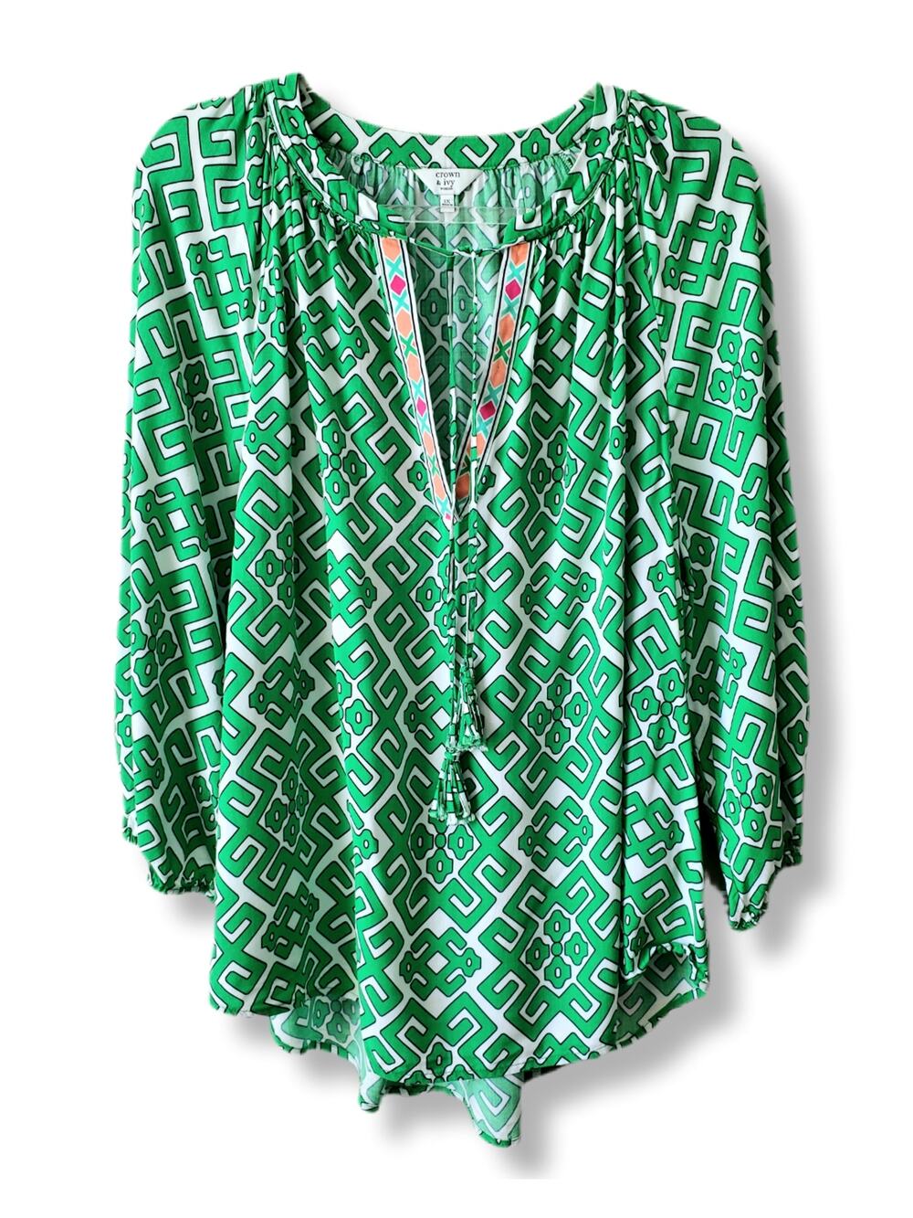Women Crown Ivy Green White Geometric Tunic Top PL Preppy Coastal Summer Classic - Picture 1 of 10